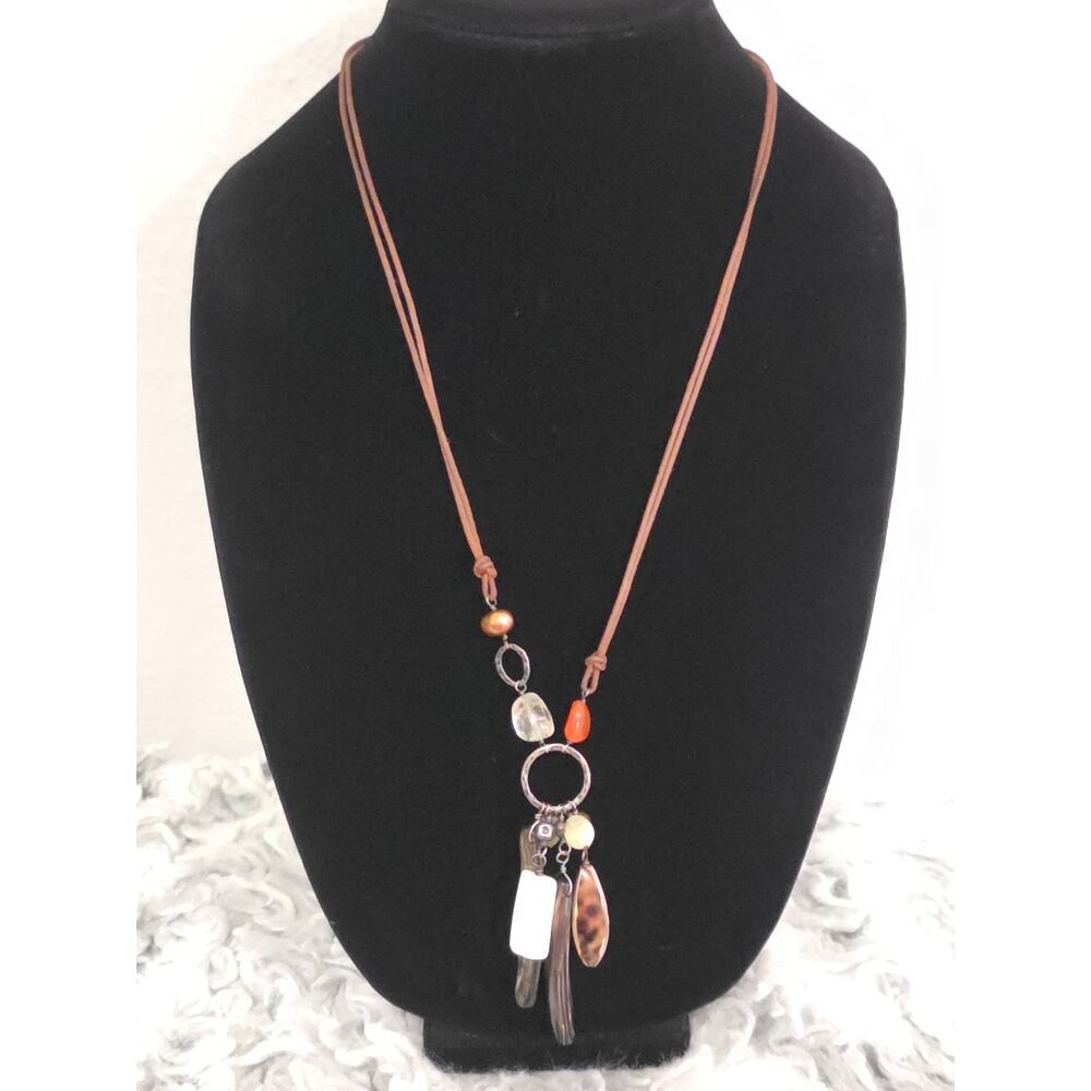 Silpada Signed Long Necklace Sterling Natural Stones Pearl Abalone Leather Cord